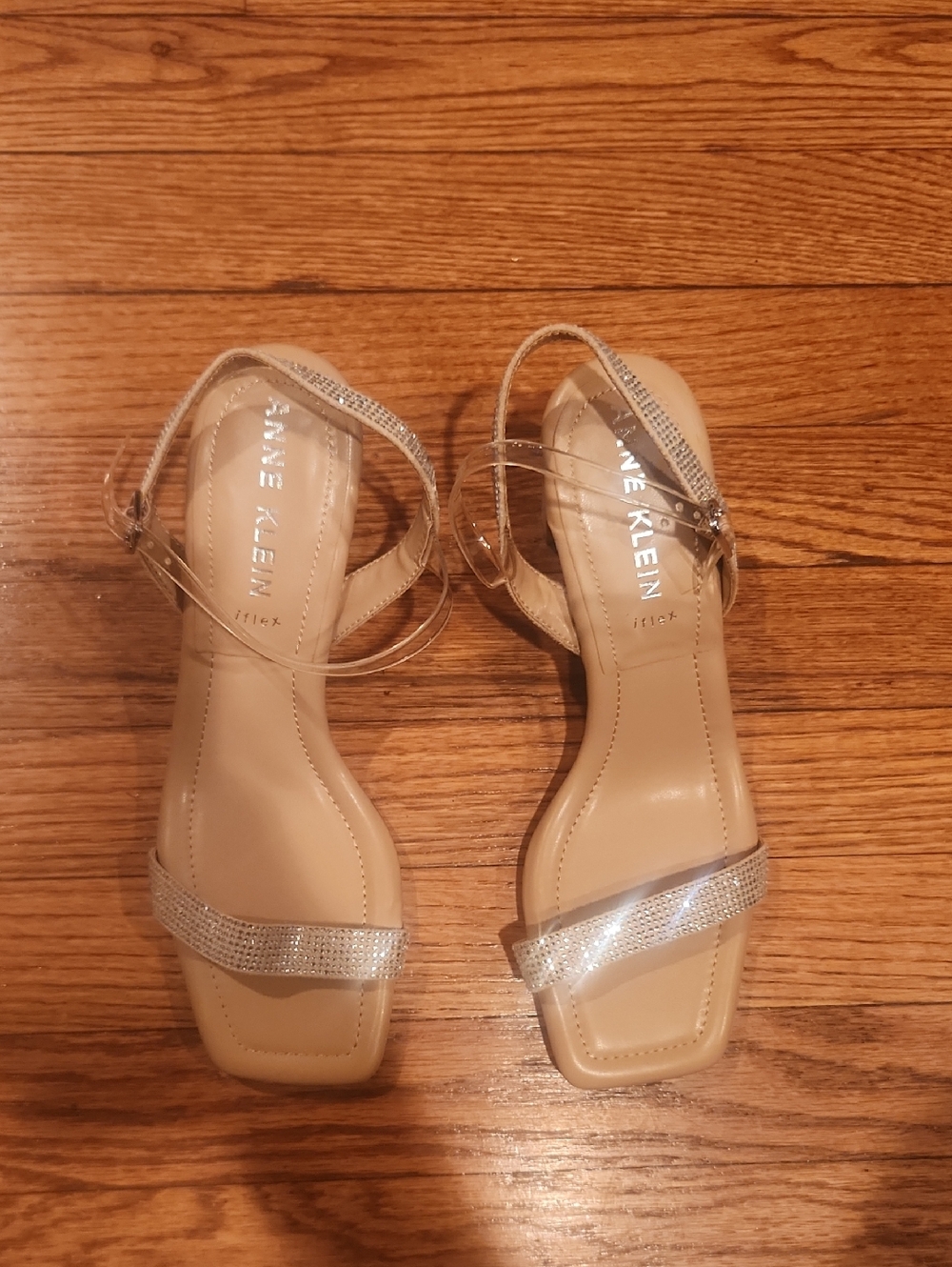 Anne Klein Nude/Beige Rhinestone Ankle-Strap Heels